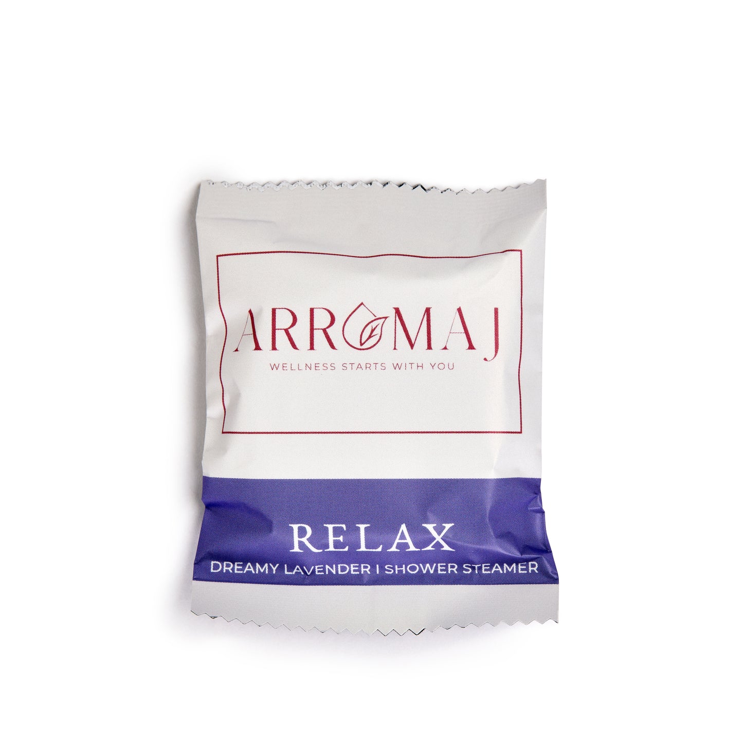 An individual packaged lavender shower steamer labeled relax dreamy lavender shower steamer