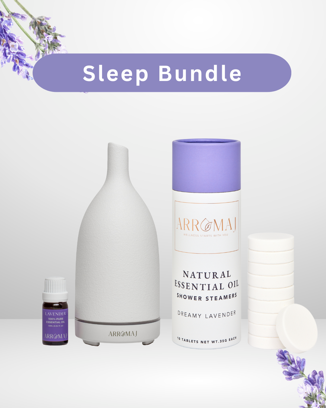 Arromaj essential oil diffuser with lavender essential and lavender essential oil shower steamers