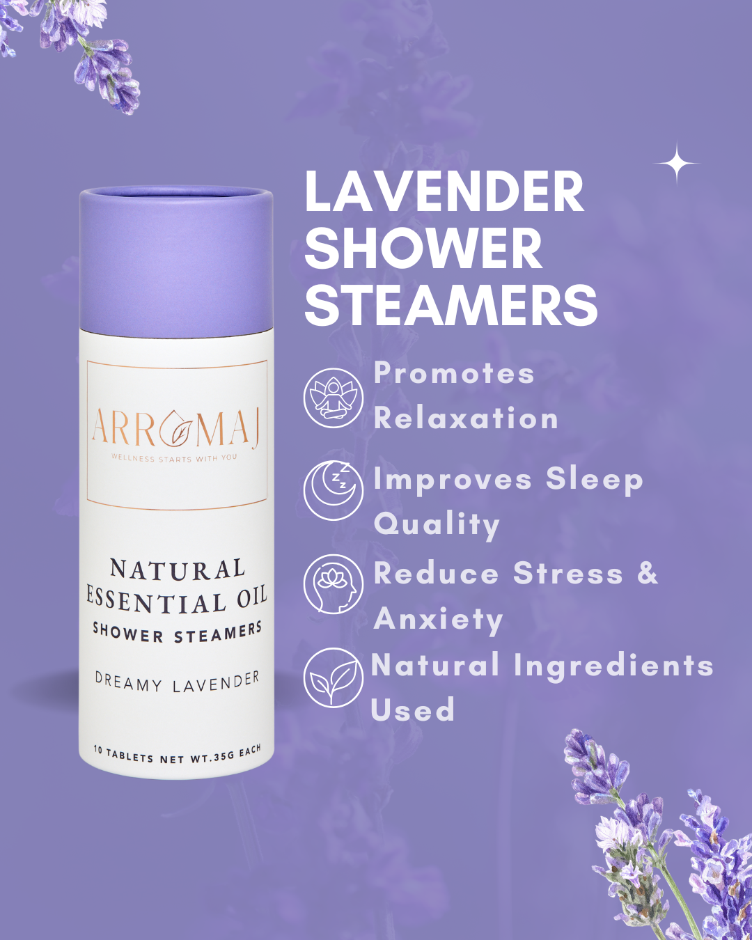 lavender essential oil shower steamer canister 10 gift with lavender in the background and benefits shower steamers outlined