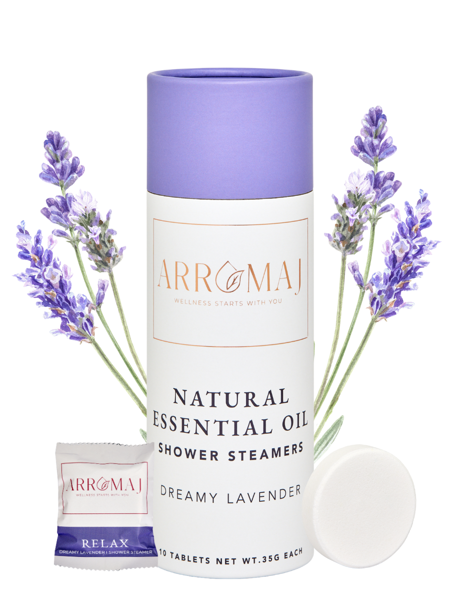 lavender essential oil shower steamer pack of 10 gift with lavender in the background