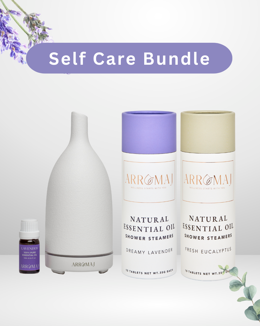 Self care bundle with essential oil diffuser, eucalyptus shower steamers, lavender shower steamers and essential oil bottle on a white background.