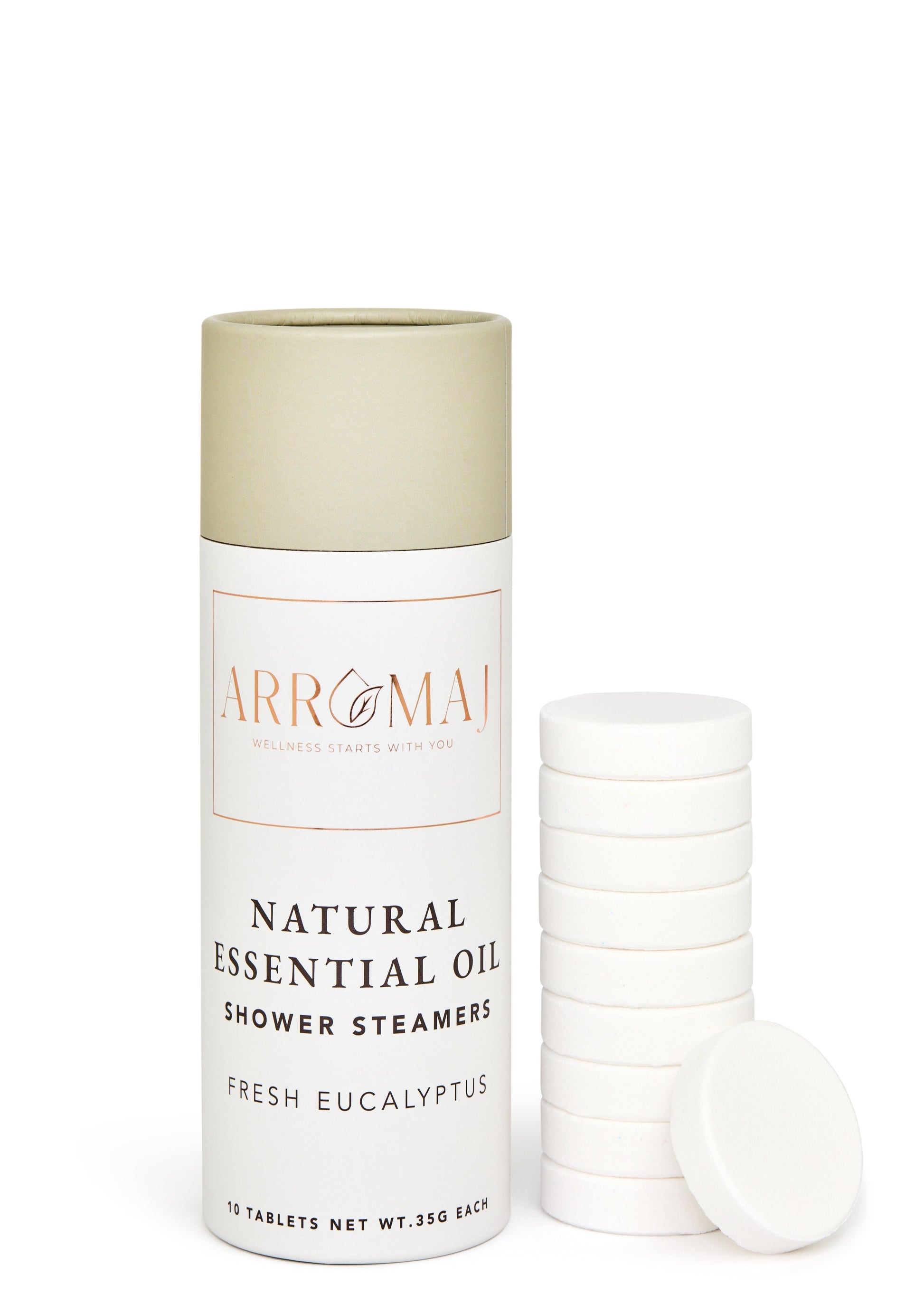 A canister of ARROMAJ natural eucalyptus essential oil shower steamers, alongside several natural eucalyptus shower steamers displayed in front.