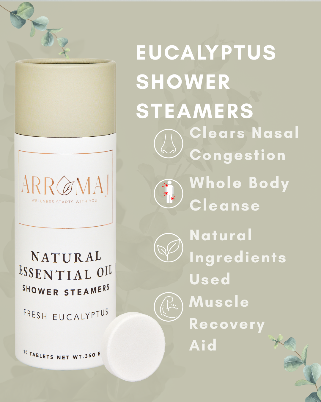 Arromaj natural essential oil shower steamers with eucalyptus essential oils on a light green background outline benefits of eucalyptus shower steamers
