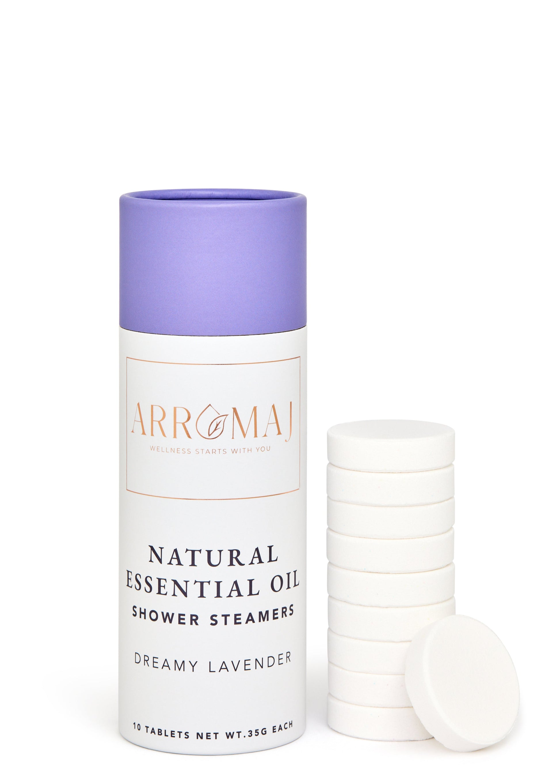 A canister of ARROMAJ natural lavender essential oil shower steamers with one steamer tablet beside it, labeled dreamy lavender.