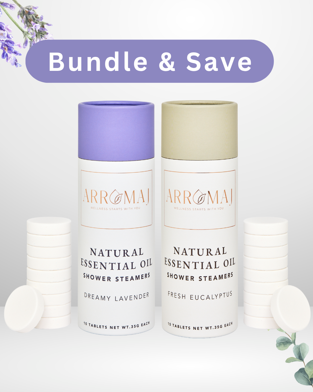 Two canisters of Arromaj natural essential oil shower steamers. 1 lavender shower steamer canisters and 1 eucalyptus shower steamers canisters on a white background with lavender and eucalyptus leaves and shower steamer tablets placed on each side of canisters.