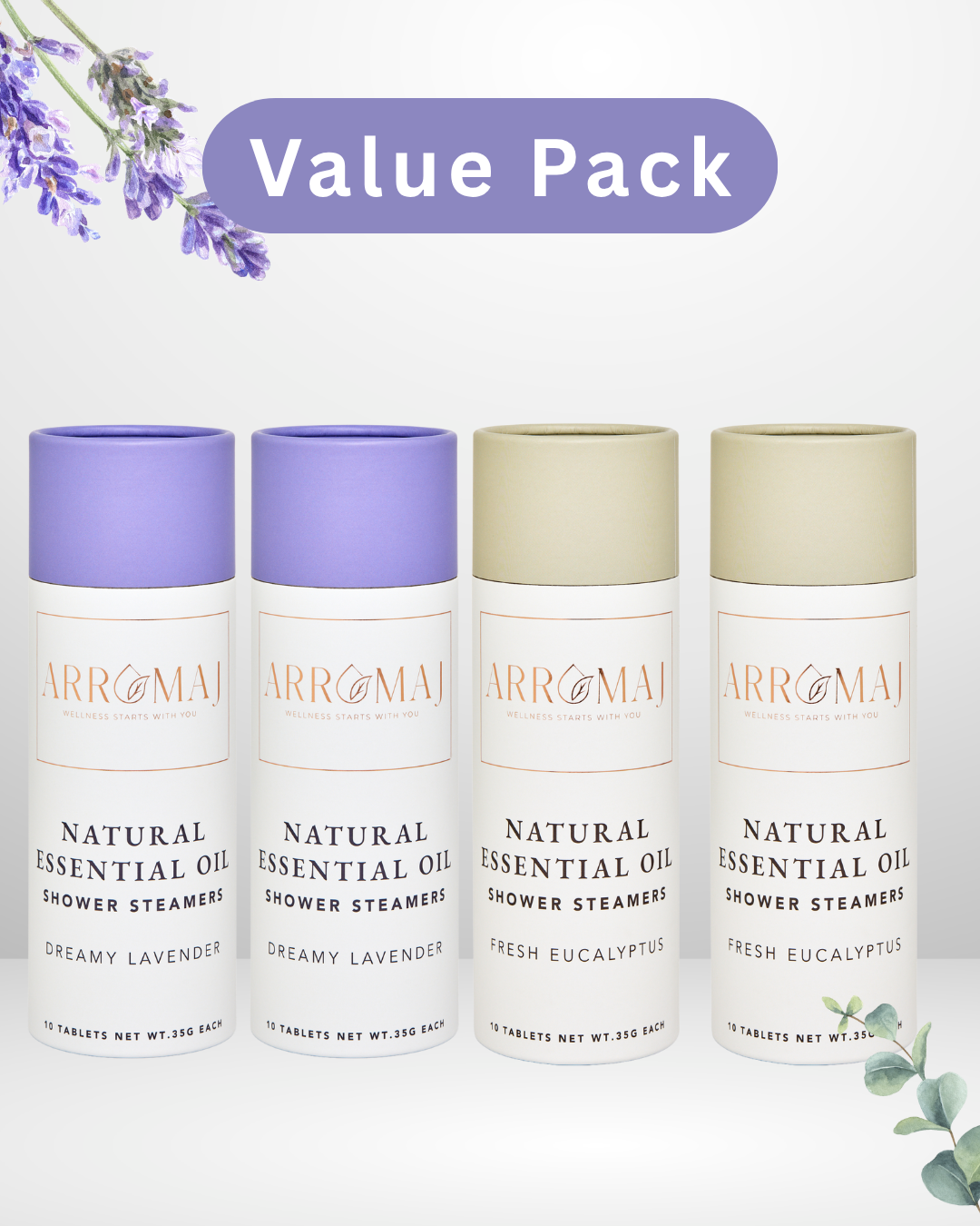 Four canisters of Arromaj natural essential oil shower steamers. 2 lavender shower steamer canisters and 2 eucalyptus shower steamers canisters on a white background with lavender and eucalyptus leaves.