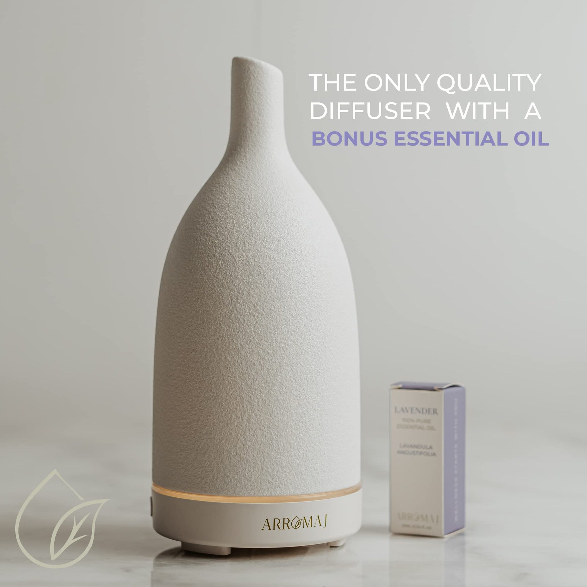 Arromaj ceramic essential oil ultrasonic diffuser with a lavender essential oil in a box